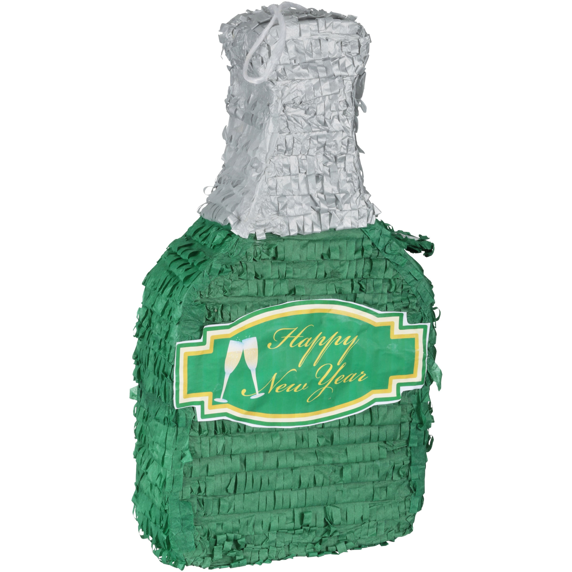 New Years Champagne Bottle Party Pinata, Green & Silver, 9in x 18in
