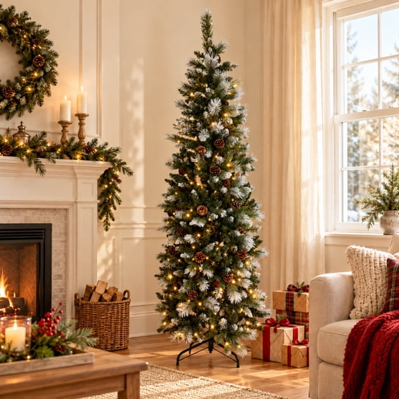 Fehomix 6ft Pre-Lit Pencil Christmas Tree, Slim Artificial Christmas Tree with 250 Warm White LED Lights, Frosted Tips, 37 Pinecones & Metal Stand for Small Spaces