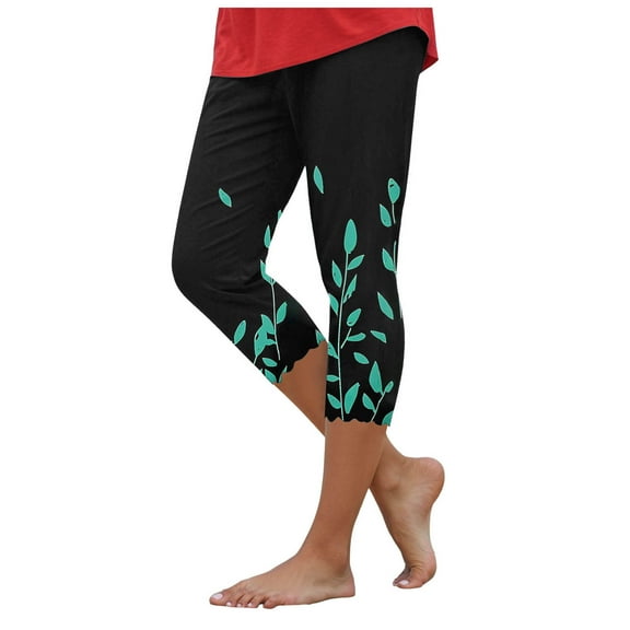 felwors Capri Leggings for Women Summer Floral Printed Plus Size Capris High Waist Knee Length Slim Fit Yoga Cropped Legging Blue, L