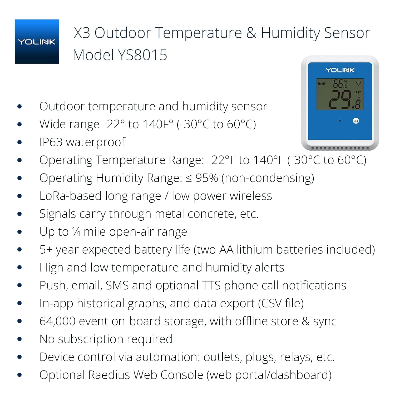 YoLink X3 Temperature & Humidity data logger, Hygrometer, Thermometer, 1/4 Mile Range, 5 Years Battery Life, Emails/Text/App Alerts. Pet Cage, Freezer, Greenhouse. 4G LTE Cellular Hub Included