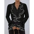 thumbnail image 4 of 2025 Spring and Autumn Women'S Solid Color Casual Ruffled Trumpet Sleeve Shirt Tops Black XXL, 4 of 6