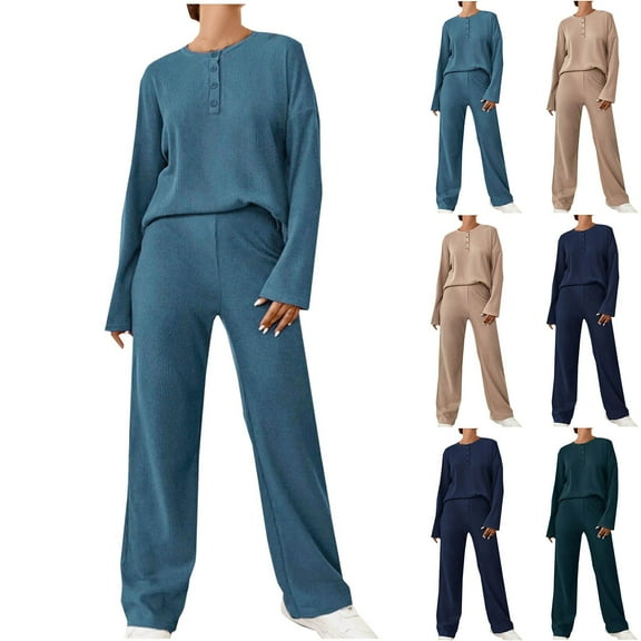 Swuxness Women Casual Long Sleeve Two Piece Set, Women Straight Leg Pants Sets, Women's Solid Color Casual Loose Button Round Neck Top Comfortable Soft Outfit Sets Khaki, L