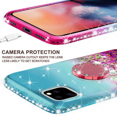 SPY Case for Apple iPhone 12 Pro Max Liquid Glitter Phone Case Cover Ring Kickstand/Neck Strap with Tempered Glass Screen Protector - Teal/Pink