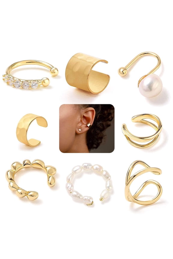 8 Pcs Ear Cuff Rose Gold Cuff Ring, Ear Clips Non Piercing Hypoallergenic Stainless Steel Cartilage Earring, 8 Various Styles Cuff Earrings for Men Women