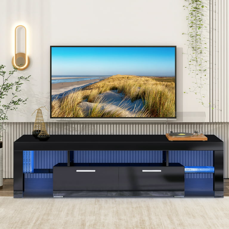 uhomepro TV Stand for TVs up to 70, Living Room Entertainment Center with  RGB LED Lights and Storage Shelves Furniture, Black High Gloss TV Cabinet