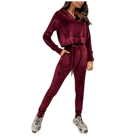 

Ziloco Women Winter Solid Suede Hoodie Collar Bandage Long Sleeve Pants Sports Suit pajama pants Red L