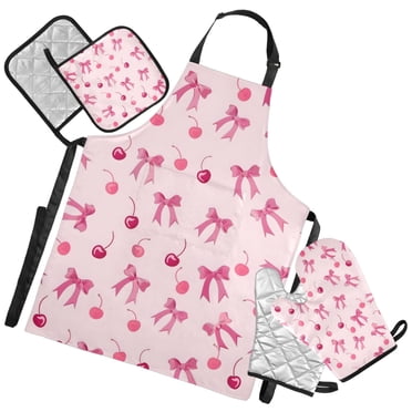 Ryvnso Bows and Cherry Kitchen Apron Oven Mitts Set Pot Holders