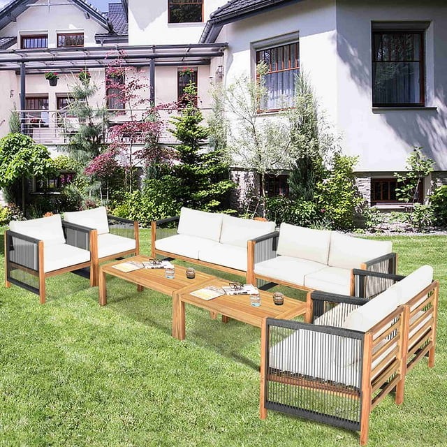 Costway 8PCS Wooden Patio Furniture Set CUS01hioned Sofa W/Rope Armrest White
