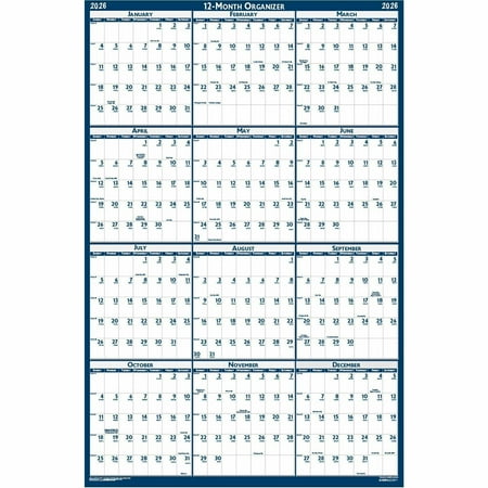 house of 3 pcs) doolittle 3960 12-month (jan to dec): 2026 18 in. x 24 in. recycled poster style reversible/erasable yearly wall calendar - white/blue/gray sheets