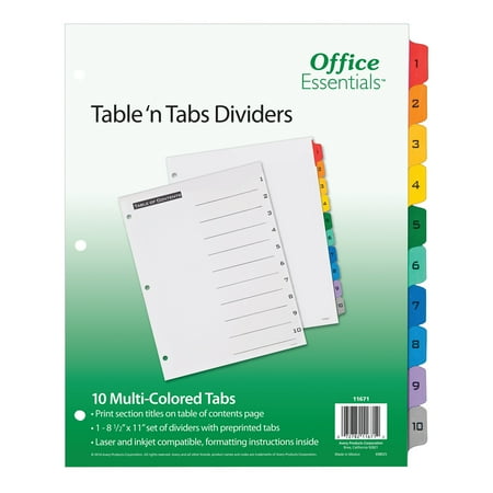 Office Essentials Table 'n Tabs Dividers with Multicolor Tabs, 1-10 Tab