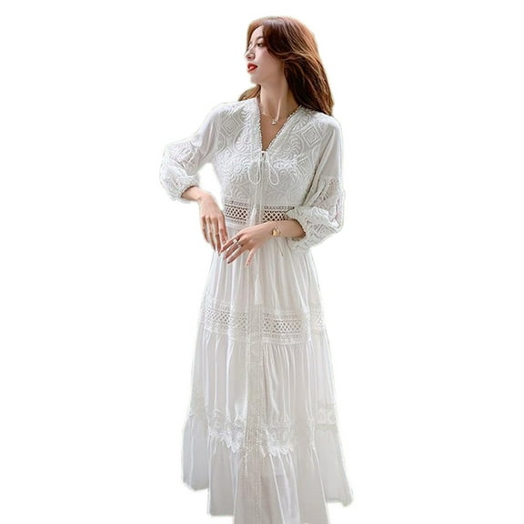 YM YOUMU Women Lace Hollow A-line Dress V-neck High Waist Beach Holiday