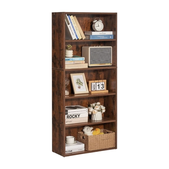 5 Tier Bookshelf, 53'' Wooden Bookcase Adjustable Shelves Freestanding Tall Open Display Shelves for Living Room Bedroom Office, Brown