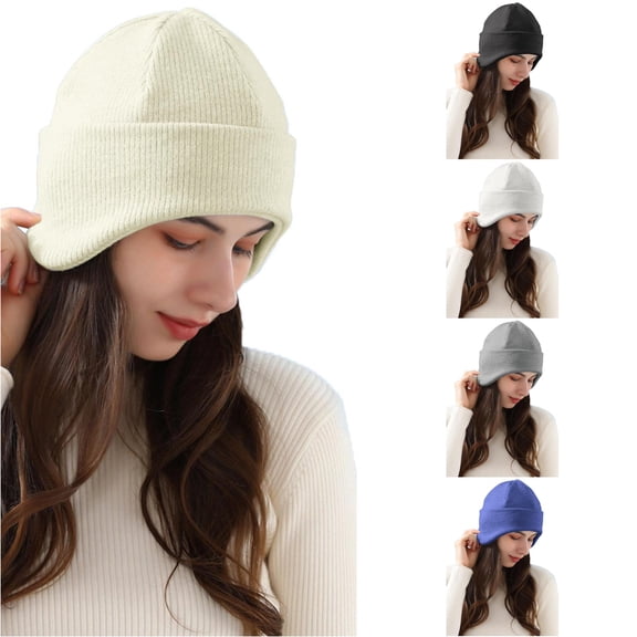 Xijirk Womens Ribbed Knitted Hat with Ear Cover Soft Warm Headwear for Daily Casual Outdoor Autumn Winter Wear,Beige,One Size