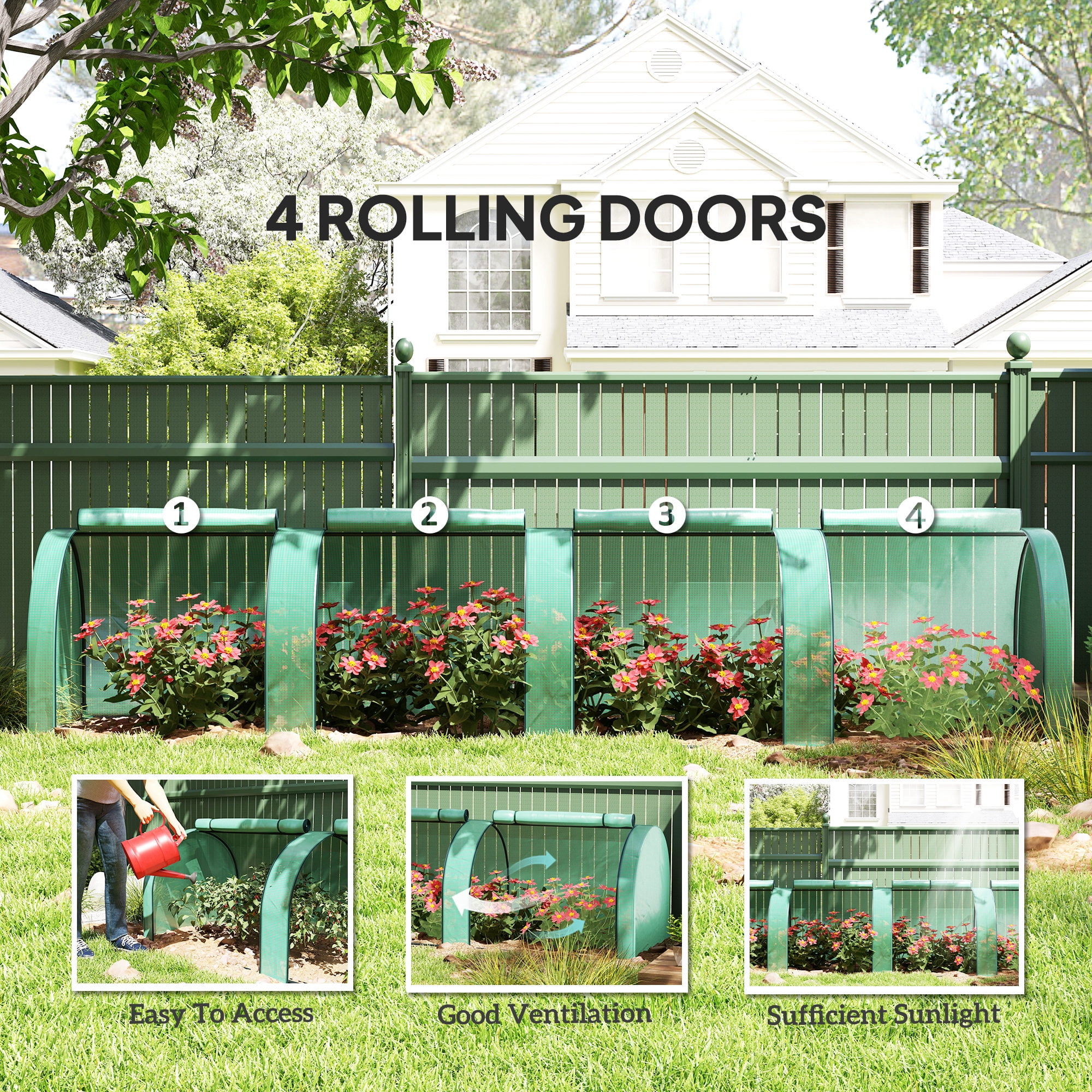 Outsunny Mini Greenhouse, 13' x 3' x 2.5' Portable Tunnels, 4 Roll-Up Zip Doors, UV Waterproof PE Cover, Steel Frame, Green