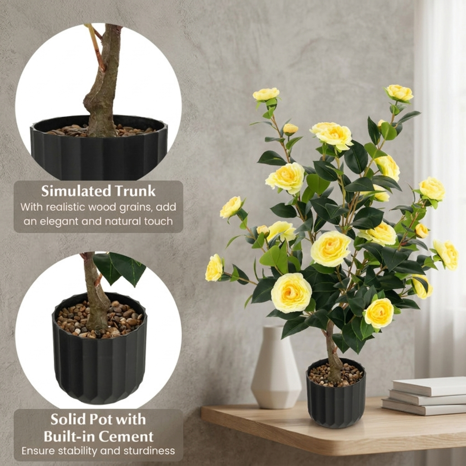 Vebreda Artificial Plant Decor, 38 Inch Artificial Camellia Tree Faux Flower Plant in Cement Pot, Gorgeous and Vivid Appearance