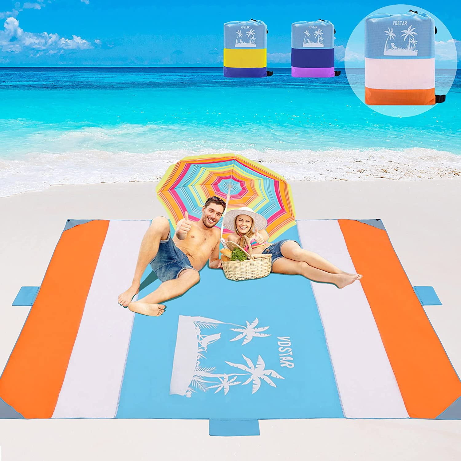 VDSTAR Beach Blanket Double Anchored with 4 Corner Sand Pockets and 5 Stakes Camping Hiking Picnic Blankets for Vacation,Travel Large Waterproof Sandproof Beach Mat for 3-9 Adults