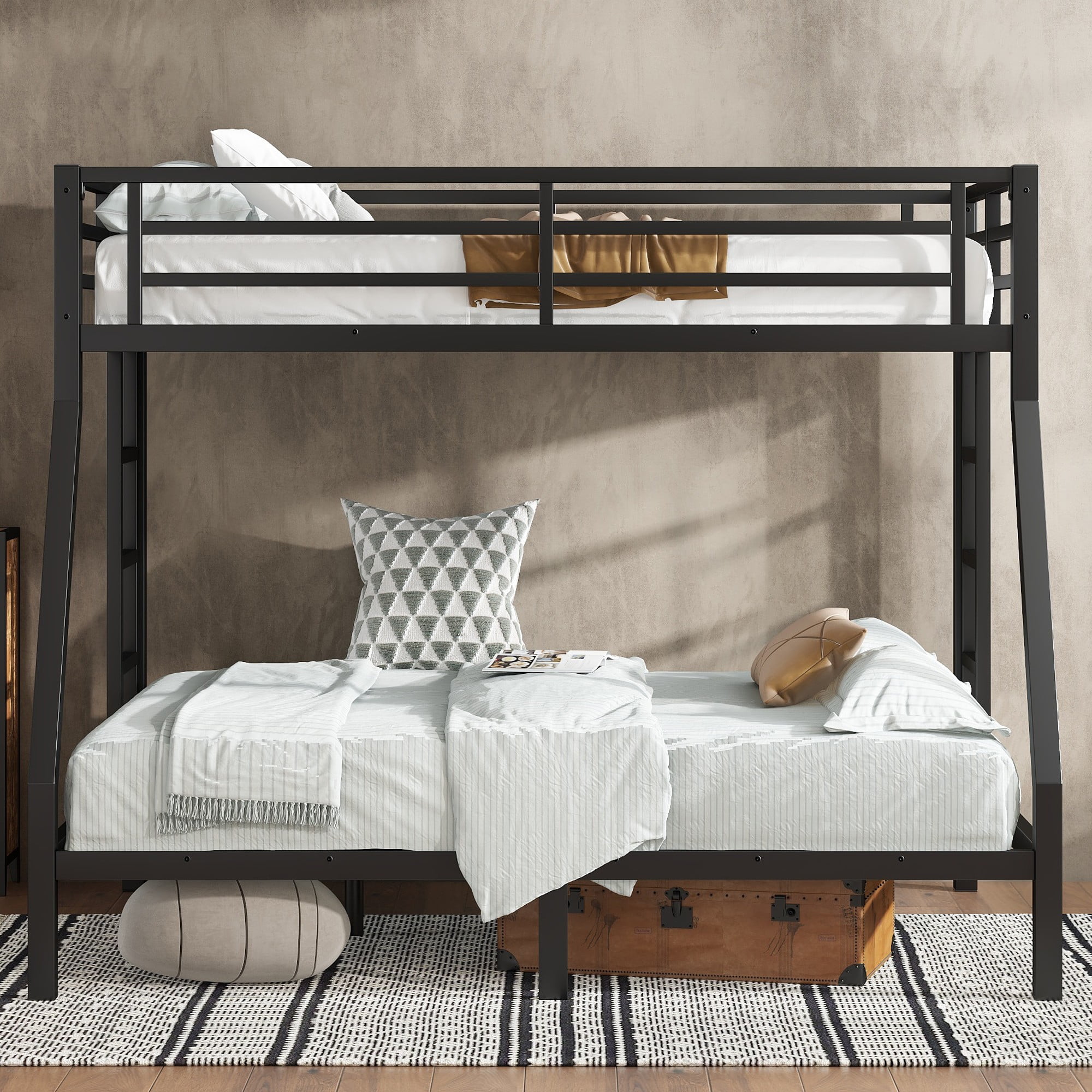 Aukfa Heavy Duty Twin over Full Metal Bunk Bed with Ladders and Guardrail for Kids, Teens and Adults, Black