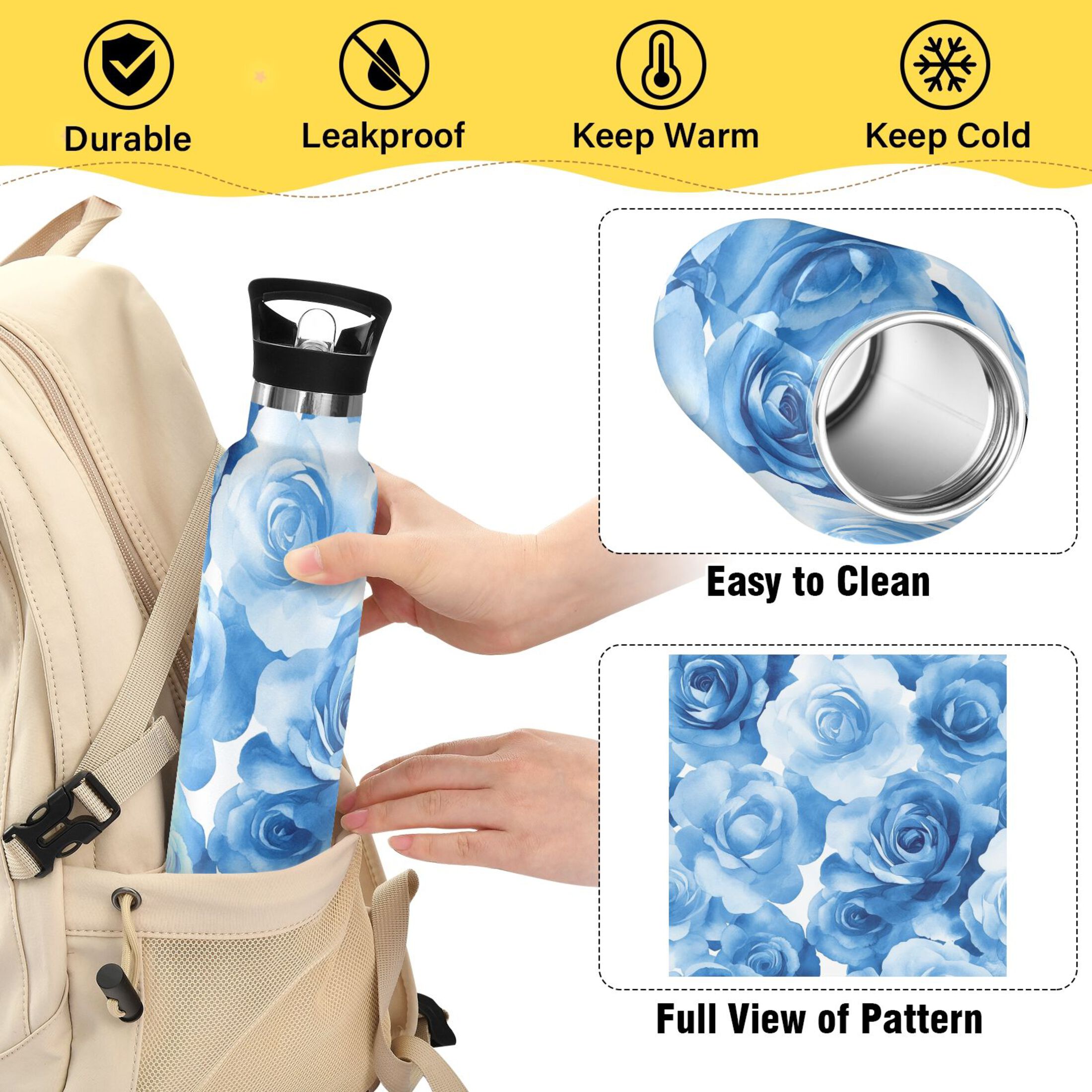 600ML Stainless Steel Insulated Cup Sports Water Bottle Portable Thermos Cup Water Glasses Insulated Tumblers Convenient and Durable Cartoon Blue Roses Seamless