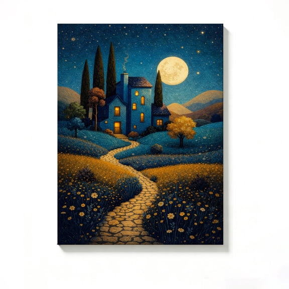 FLASHLUMI 8x12 Inch Vintage Starry Night Blue House Van Gogh Style Oil Painting Canvas Wall Art, Whimsical Fantasy Home Decor for Living Room Bedroom, No Frame