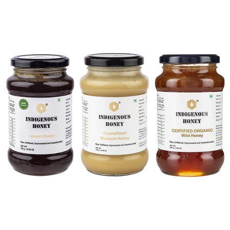 INDIGENOUS HONEY Nmr tested Raw Thyme Unprocessed Natural Pure Honey with Certified Organic wild honey and Nmr tested Raw Crystallized Honey trio pack