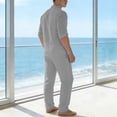 thumbnail image 6 of LEKWK Men Linen Sets Outfits 2 Piece Long Sleeve V Neck Casual Tops and Drawstring Elastic Waist Wide Leg Pants Summer Casual Beach Vacation Resort Outfits, 6 of 9