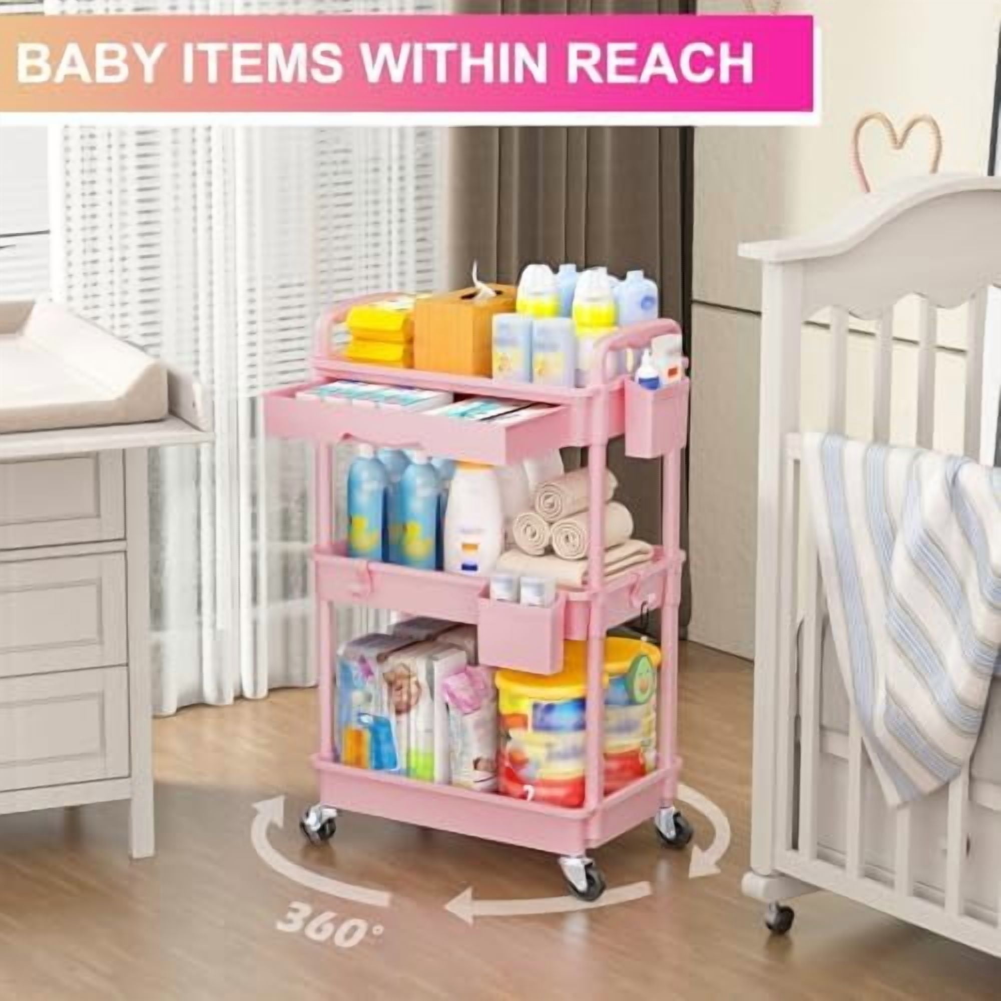 3 Tier Rolling Utility Cart Organizer with Removable Drawer, Stable and Sturdy Pink Rolling Storage Carts with 2 Lockable Wheels for Bathroom, Kitchen, Snack, Craft, Makeup, Baby Essentials