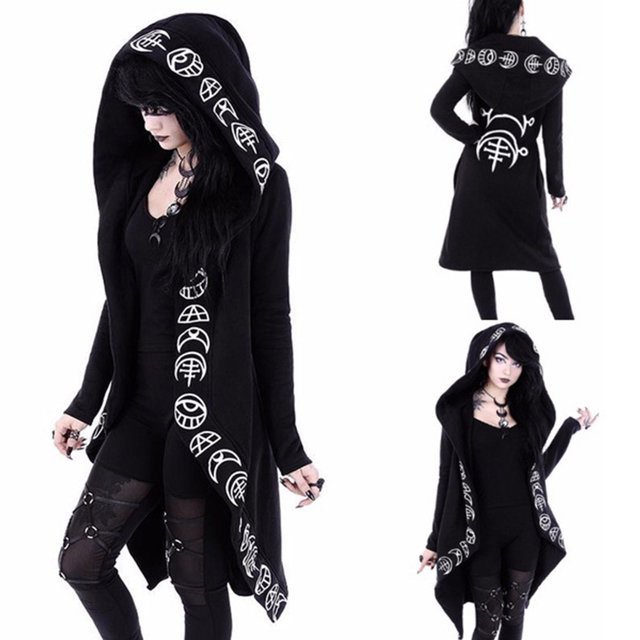 CEHVOM Cardigan Noir à Capuche à Manches Longues Gothique Punk Ample pour Femmes, Veste Manteau à Fermeture Éclair