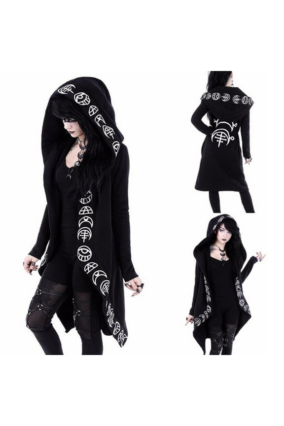 Women Loose Gothic Punk Long Sleeve Hooded Black Cardigan Zipper Jacket Coat
