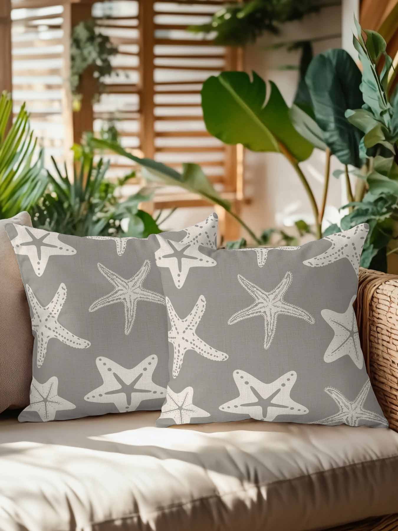 Outdoor Pillows Waterproof, Grey Starfish Coastal Bedding Throw Pillows with Insert for Couch Sofa Bed, Nautical Summer Ocean Abstract Art 18x18 Inch Pillowcases Decorative Patio Pillow Set of 2