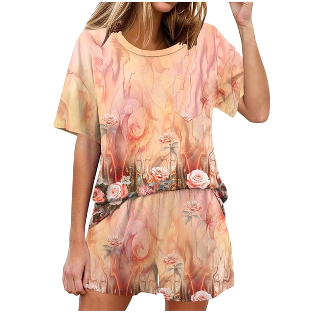 Conjunto de Pijama de las Mujeres de Moda Casual Color Sólido Manga Corta Cuello Redondo Top Y Pantalones