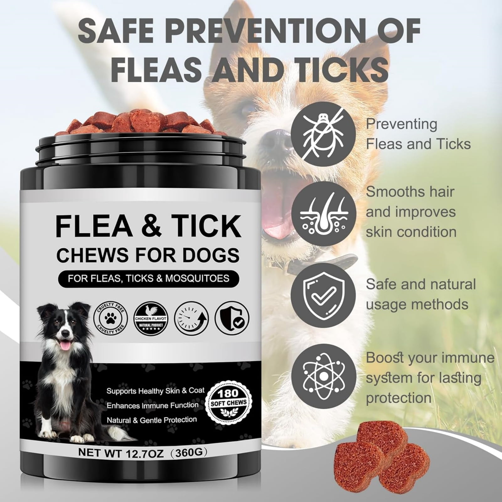 Demine Dog Flea and Tick Chewable Supplement – Natural Support for Skin & Coat Health, Seasonal Comfort & Itch Relief – 180 Soft Chews with Chicken Flavor for Dogs & Puppies