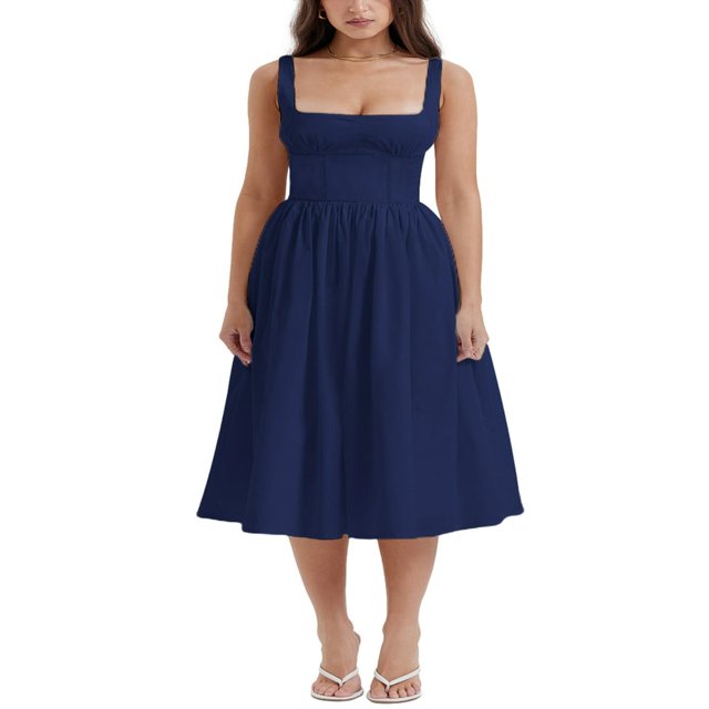 Robe Midi Sans Manches d'Été pour Femmes, Couleur Unie, Taille Haute