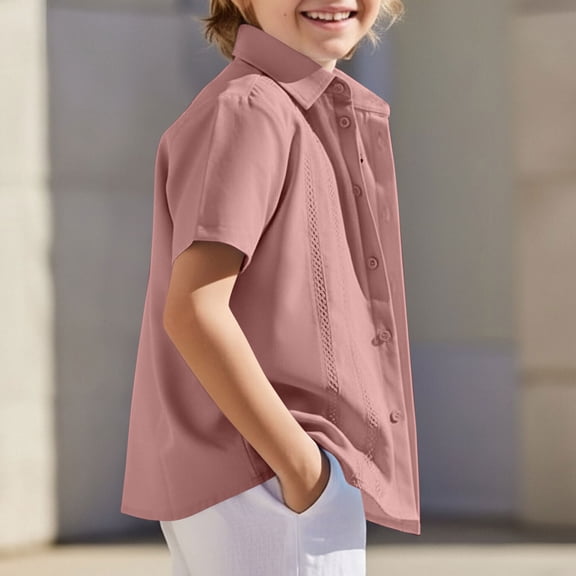 Kinrui Boys Cuban Guayabera Shirt Short Sleeve Button Down Shirt Summer Casual Cotton Linen Shirts Size 4-12 Years
