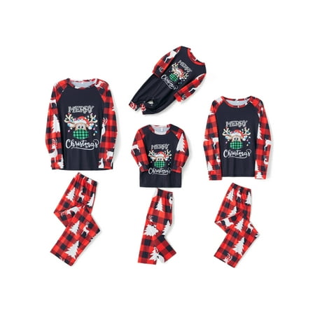 

Inevnen Matching Family Pajamas Sets Merry Christmas PJ s Sleepwear Printed Top with Plaid Bottom