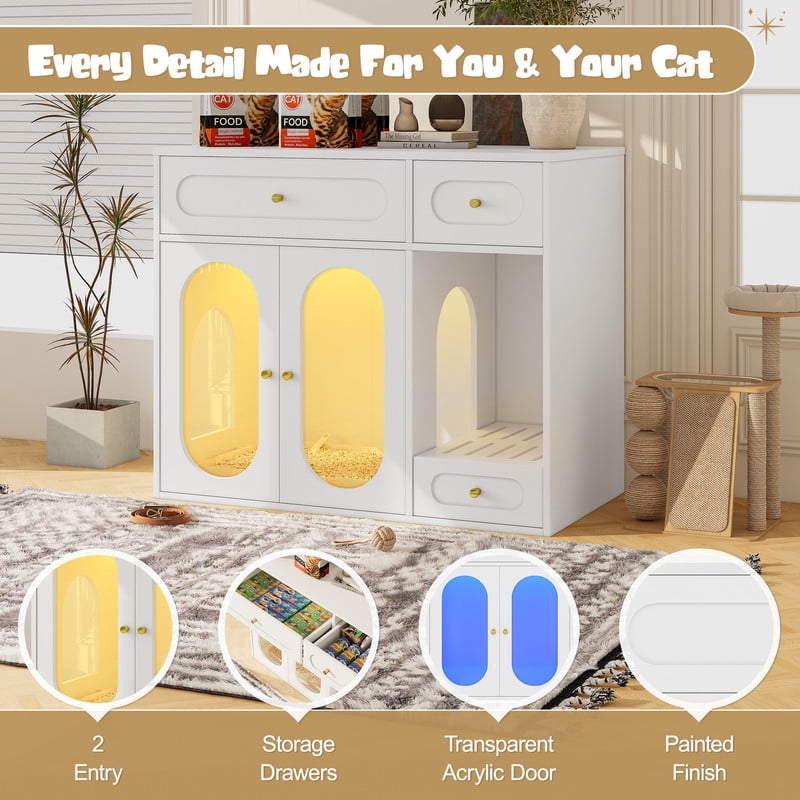 Mirightone Hidden Cat Litter Box Enclosure with Storage Drawer Table, Cat Box Enclosure Furniture with LED Light & Acrylic Doors, Indoor Pet House for Living Room & Entryway, White
