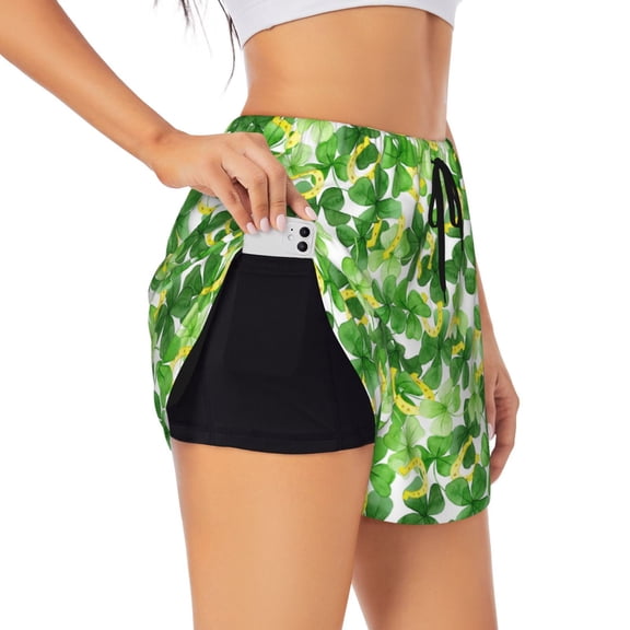Logiee Happy St. Patrick's Day Print Women 2 in 1 Running Shorts,High Waisted Athletic Shorts,Gym Workout Shorts with Liner Pockets-Small