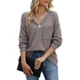 thumbnail image 1 of Top de manga larga con cuello en V para mujer, Jersey informal de fibra de poliéster, corte holgado, tejido tipo gofre, para otoño, 1 of 8