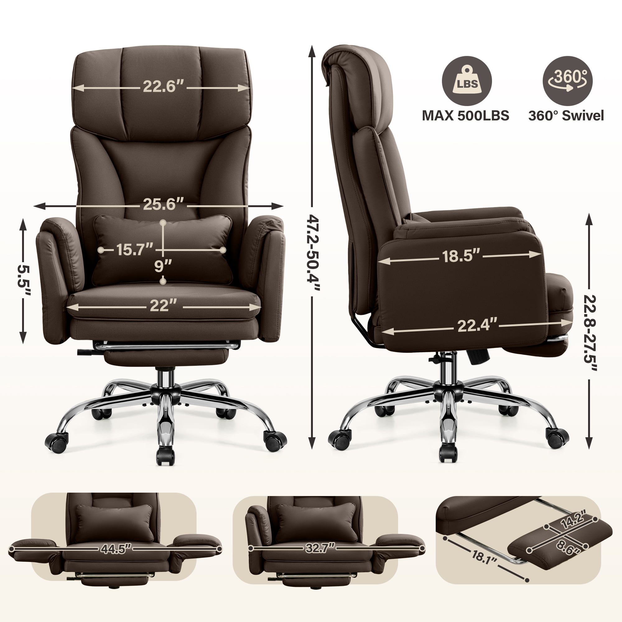 Primy Cross Legged Office Chair with Footrest & Convertible Armrests, 500LBS Capacity Home Desk Chair, Ergonomic Recliner with Lumbar Pillow, Criss Cross Design, Big and Tall Executive Chair