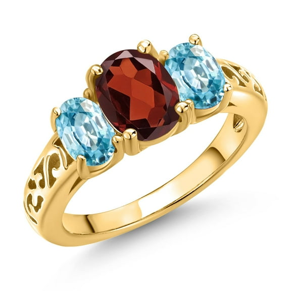 Gem Stone King 18K Yellow Gold Plated Silver Red Garnet and Blue Zircon Filigree Style 3 Stone Ring for Women (2.80 Cttw, Oval 8X6MM and 6X4MM) (Size 7)