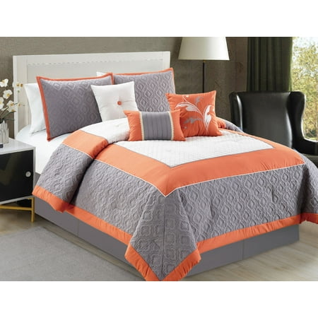 7 Piece Floral Embroidered Block Orange Gray Ivory Comforter Set