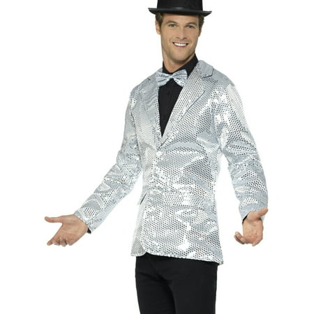 Mens Fancy Dress Silver Sequin Magicians Tuxedo Jacket Costume