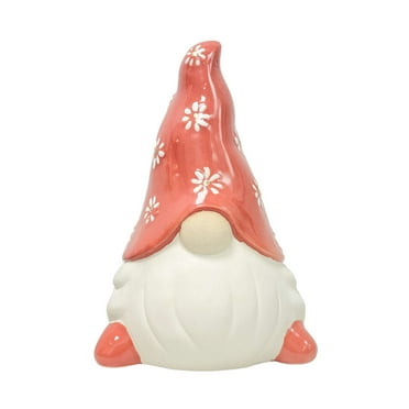 Mainstays 8in Ceramic Gnome Garden Decor Ceramic Statutory Pink Plumeria Hat White Daisy Flowers