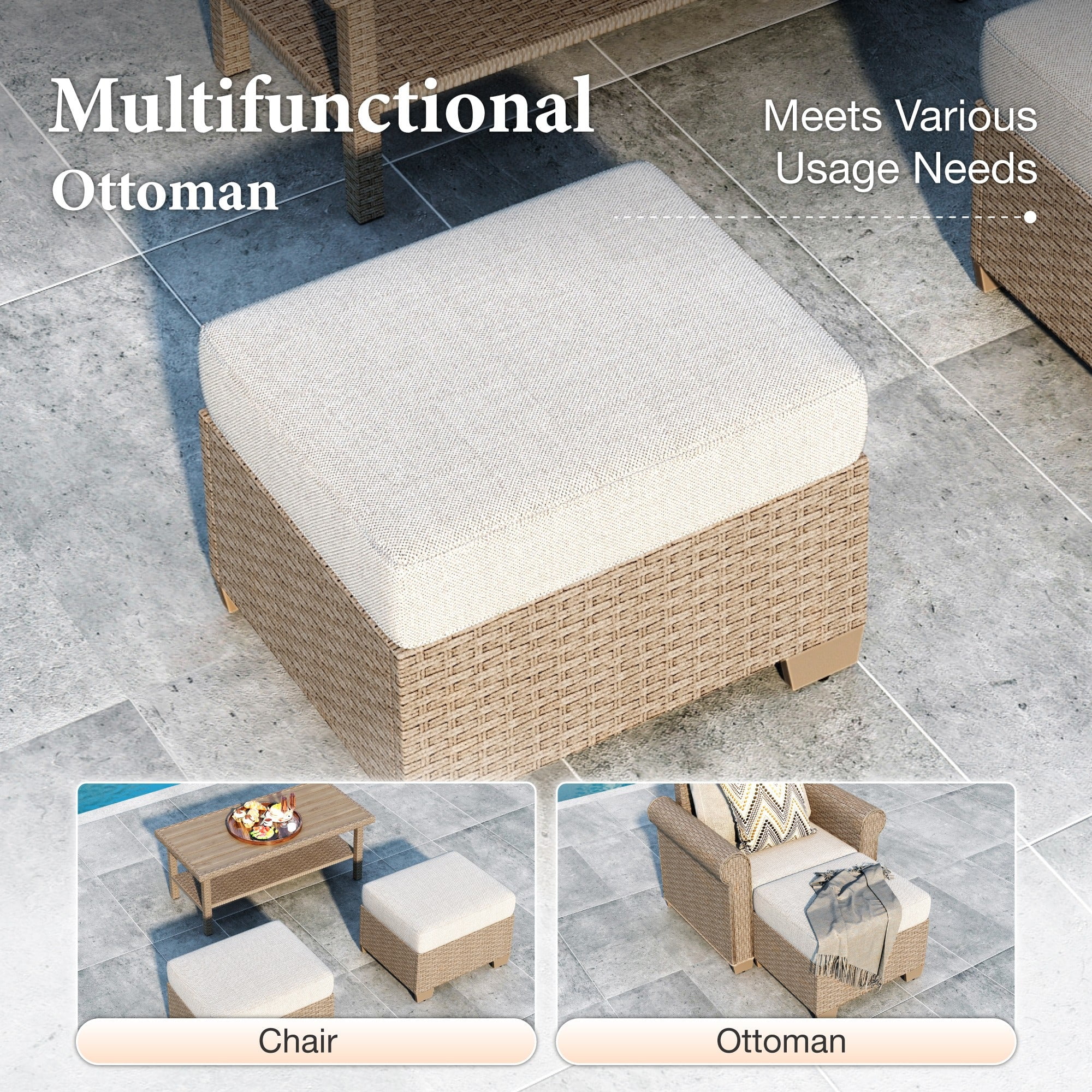 MF Studio 5-Piece Wicker Outdoor Conversation Set, 7-Seat Rattan Outdoor Furniture Set, Patio Furniture Set with 2 Ottomans, Beige