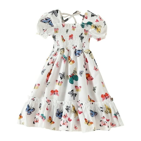 

YongANs Fashion Casual Girl Dress Girls Summer Short Sleeve Bubble Sleeve Butterfly Print Dress Casual Long Dresses