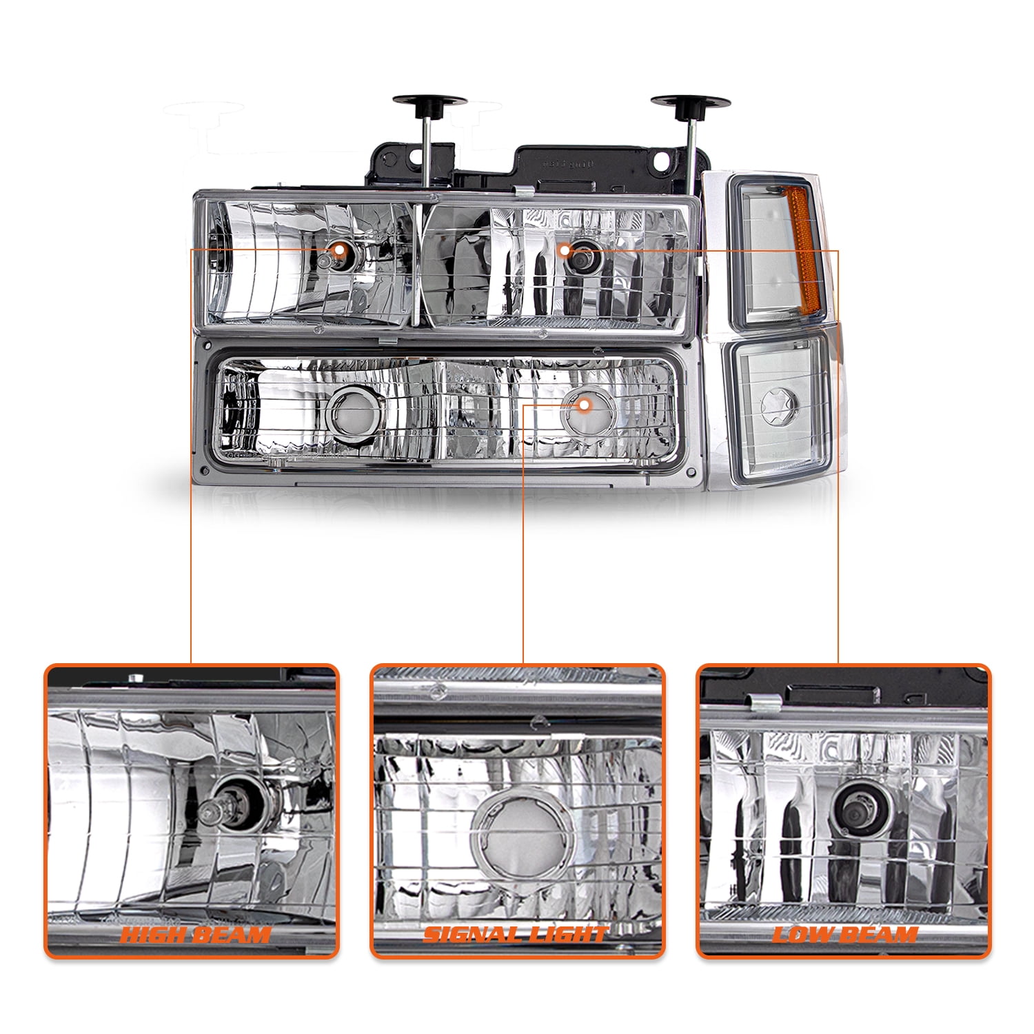 For 1994-1998 Chevy C/K Tahoe Chrome Amber Bumper Lamps Headlights 94-98 8pcs