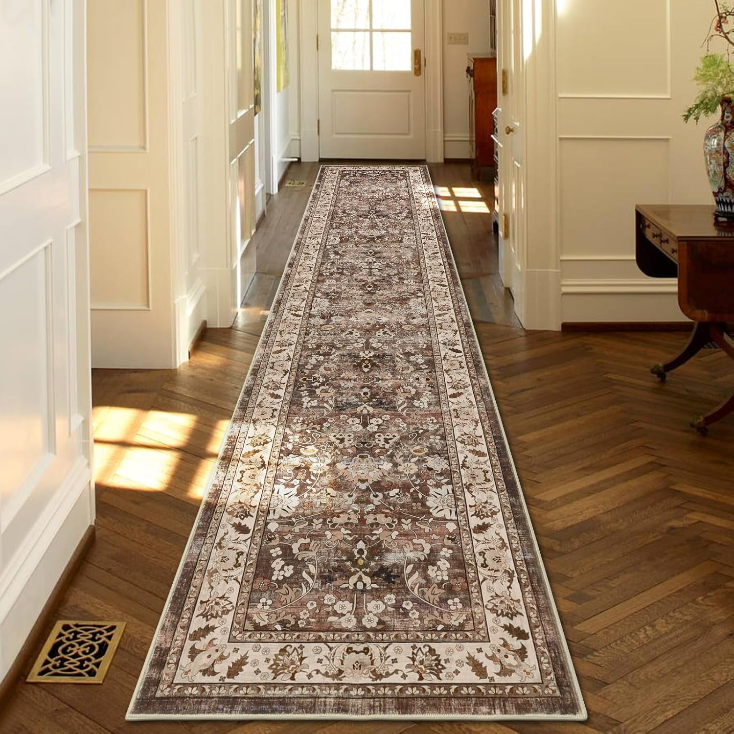 MJIAexp 2' x 10' Boho Floral Kitchen Runner Rug Machine Washable Runner Rug Non-Slip Hallway Runner Laundry Rug Throw Carpet for Living Room Bedroom Dining Room Entryway Kitchen Brown