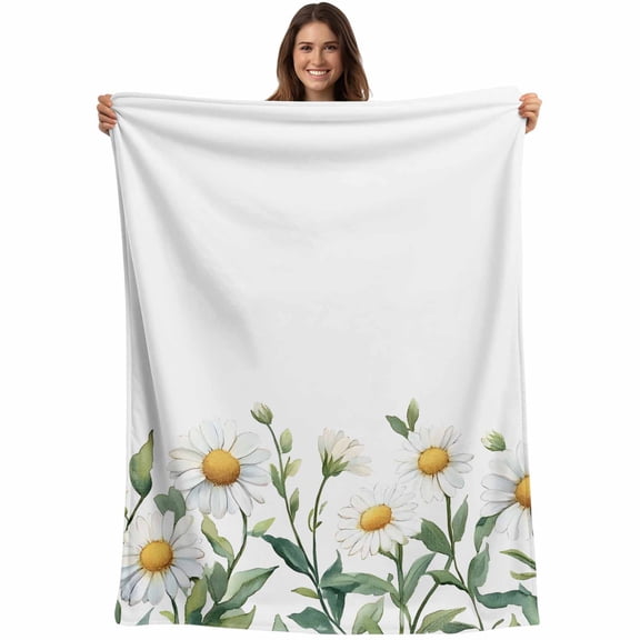 White Daisy Flower Throw Blankets, Watercolor Wildflower Soft Fleece Blanket Decorative for Home Sofa Couch Chair Living Bedroom, 30x40 Inches,