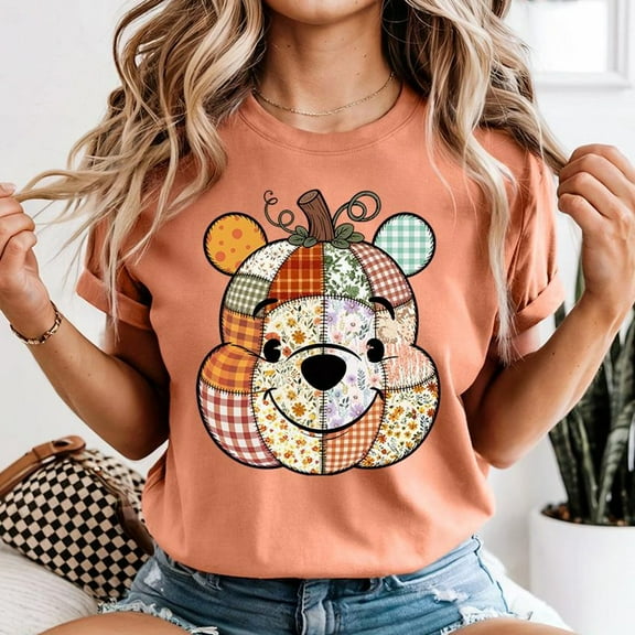 Pooh Bear Pumpkin - S, Winnie The Pooh Fall Pumpkin Patchwork Shirt, Pooh Bear Pumpkin Head Tee, Cute Pumpkin Patch Shirt, S-5XL Shirt