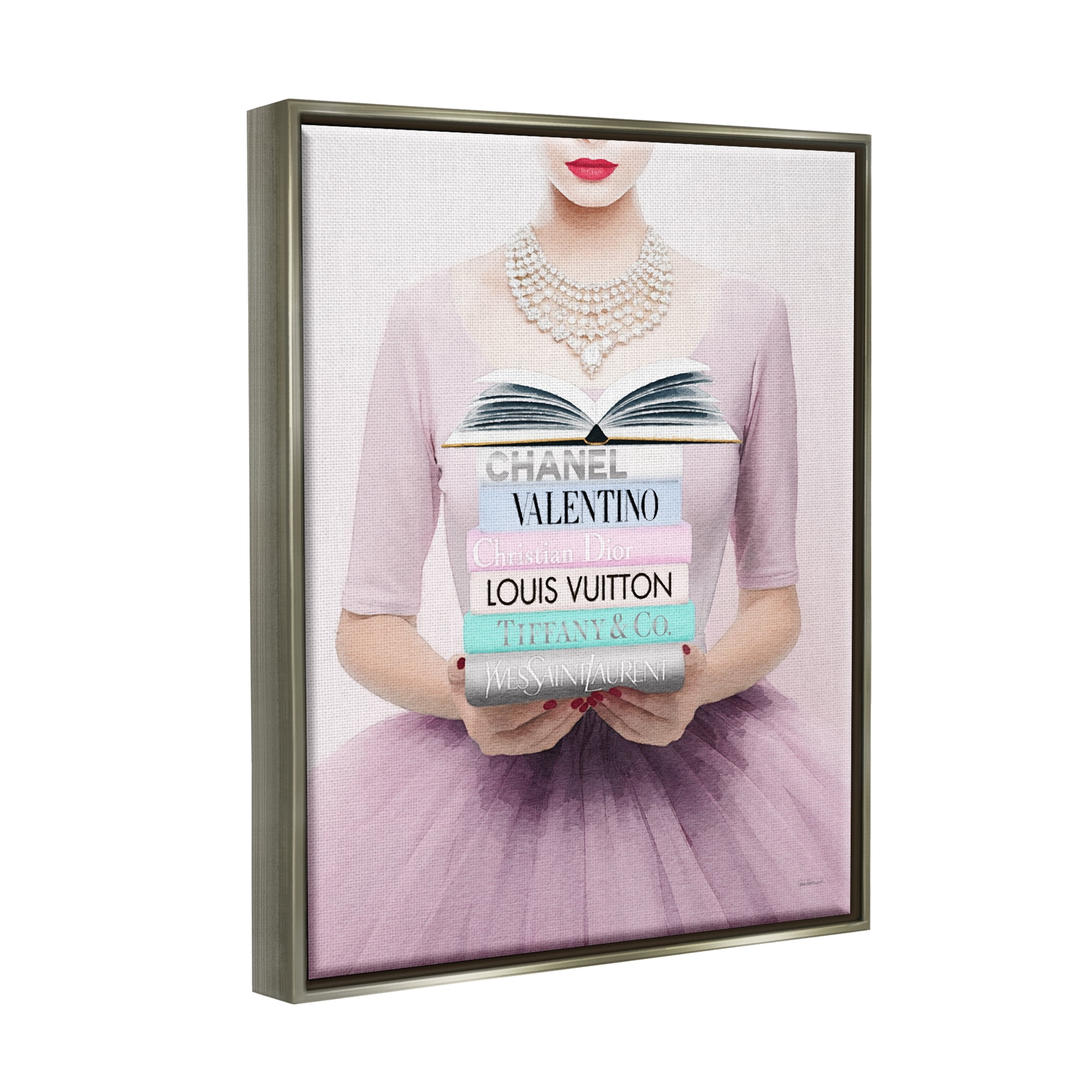Stupell Industries Fashionista with Books Beauty & Fashion Painting Gray Floater Framed Canvas Art Print Wall Art, 17 x 21