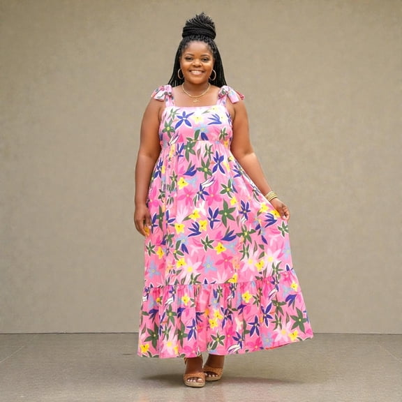 Pink Plus Size Floral Print Babydoll Maxi Dress